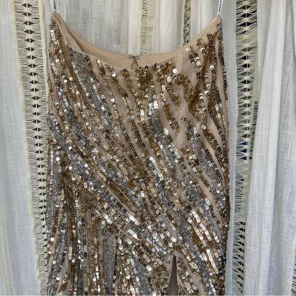 Sherri Hill Striped Sequin Beaded Formal Gold Prom Slit Maxi Skirt 51737 Size 0 - Picture 6 of 11